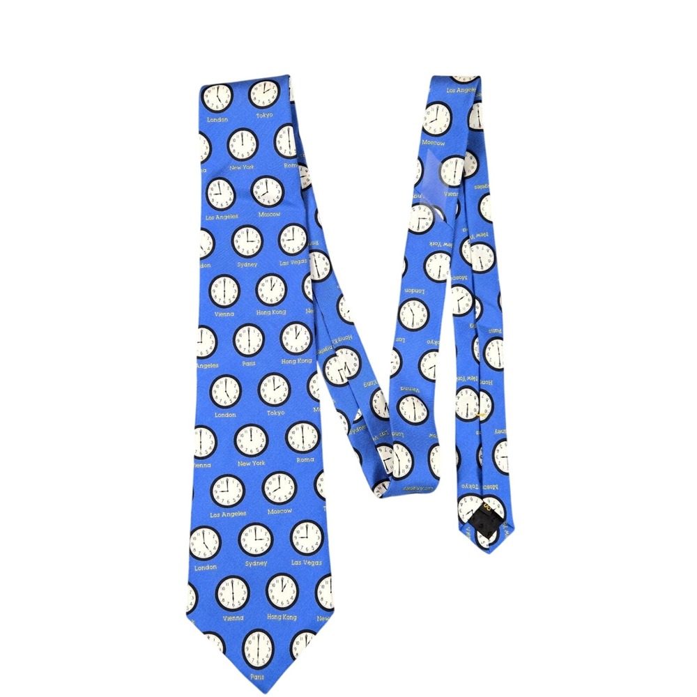 Josh Bach Silk Tie Mens Blue World Time Zone Clocks Travel Theme Necktie